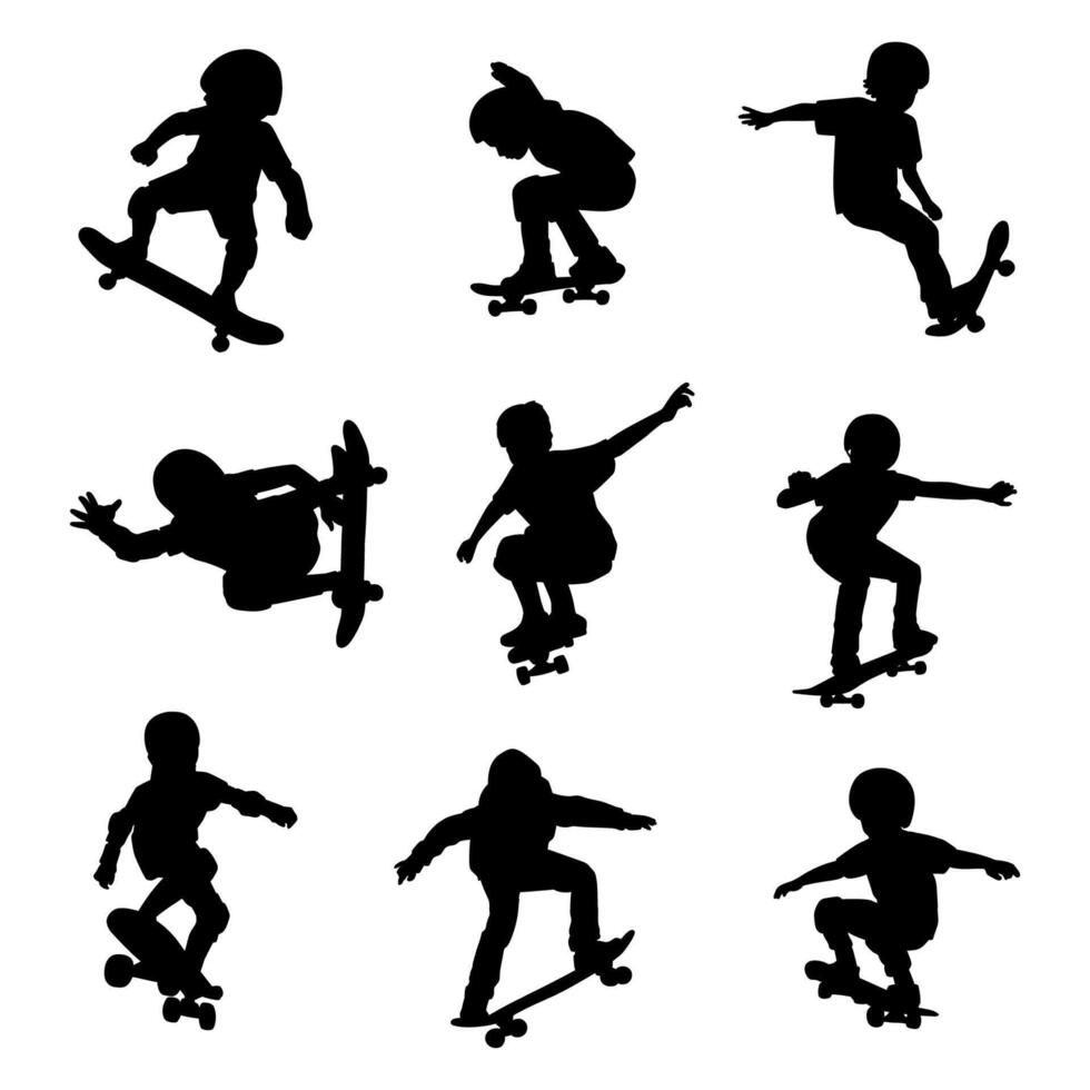 silhouette kid play skateboard simple design collection vector