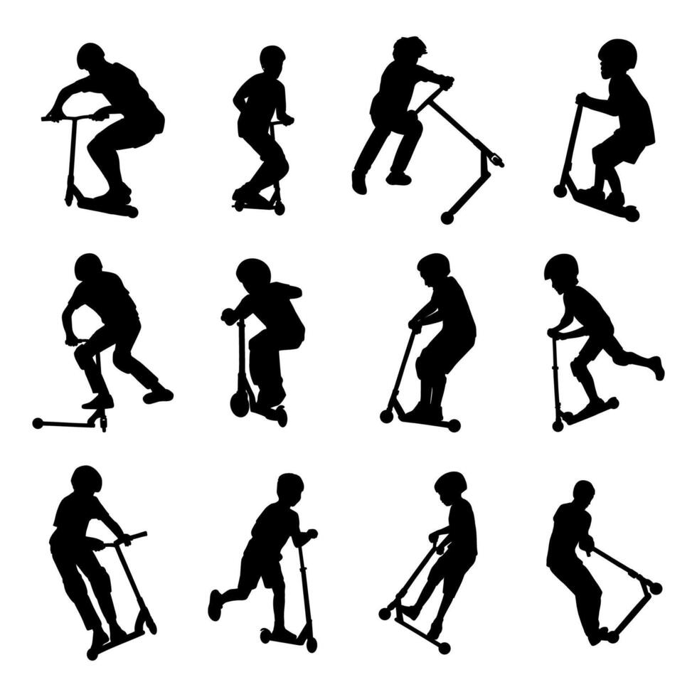 Silhouette children riding a scooter set on a white background vector
