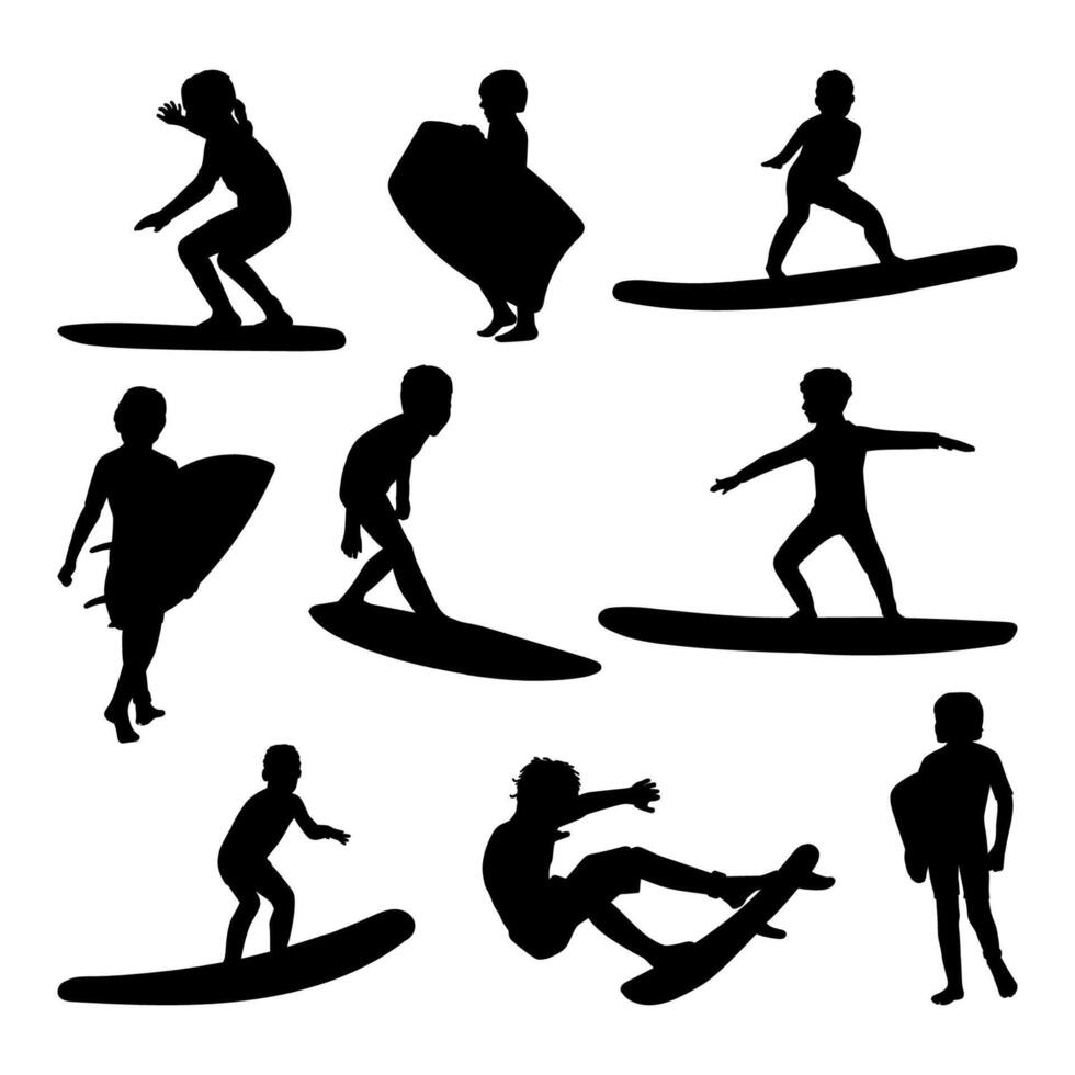 silhouette of kid surfing collection on white background vector
