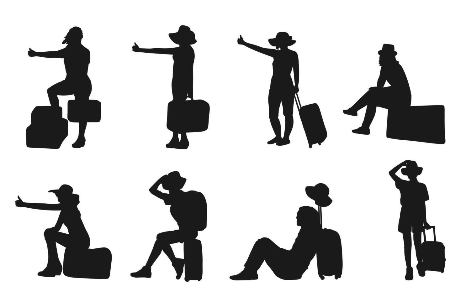 silhouette women traveling with a bag on white background vector
