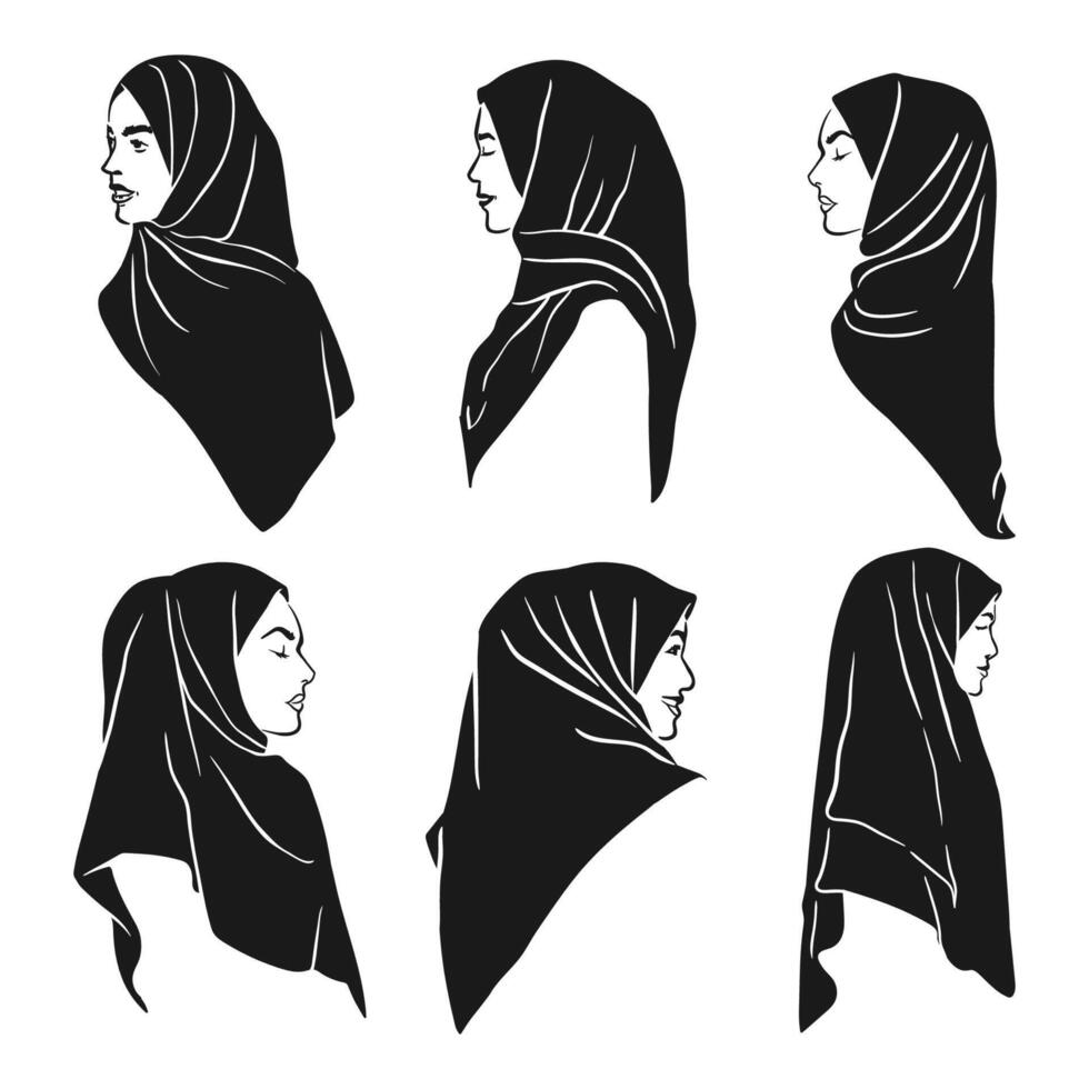 silhouette muslimah hijab girl on black color collection vector