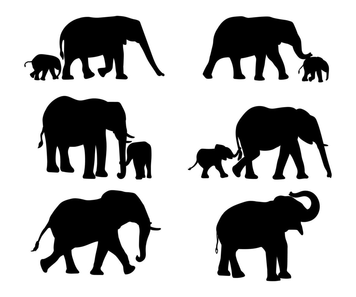 elephant animal silhouette collection, mother and son elephant silhouette vector