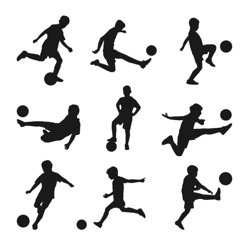 silhouette kid playing football collection set simple design vector