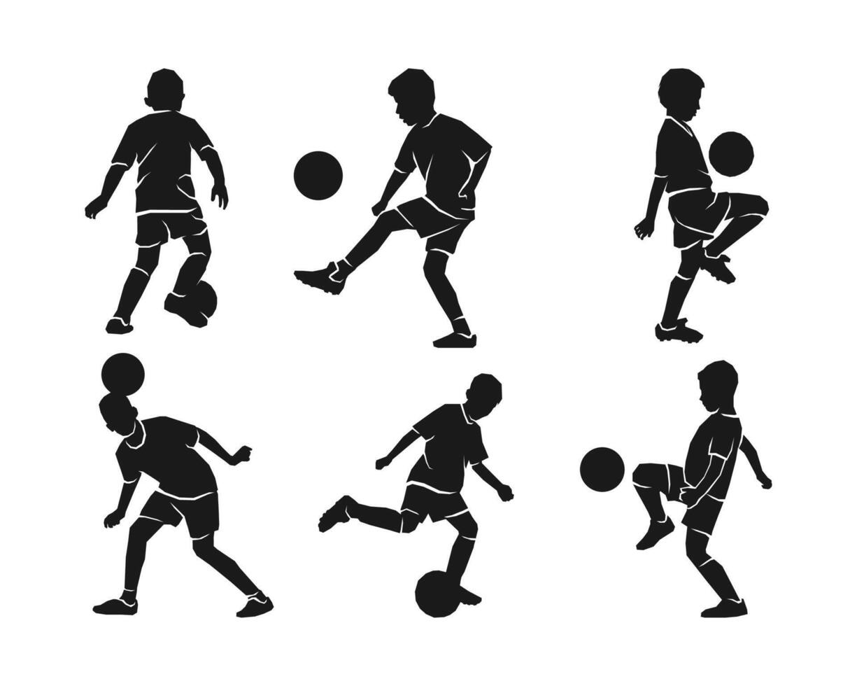 silhouette kid playing football collection set vector