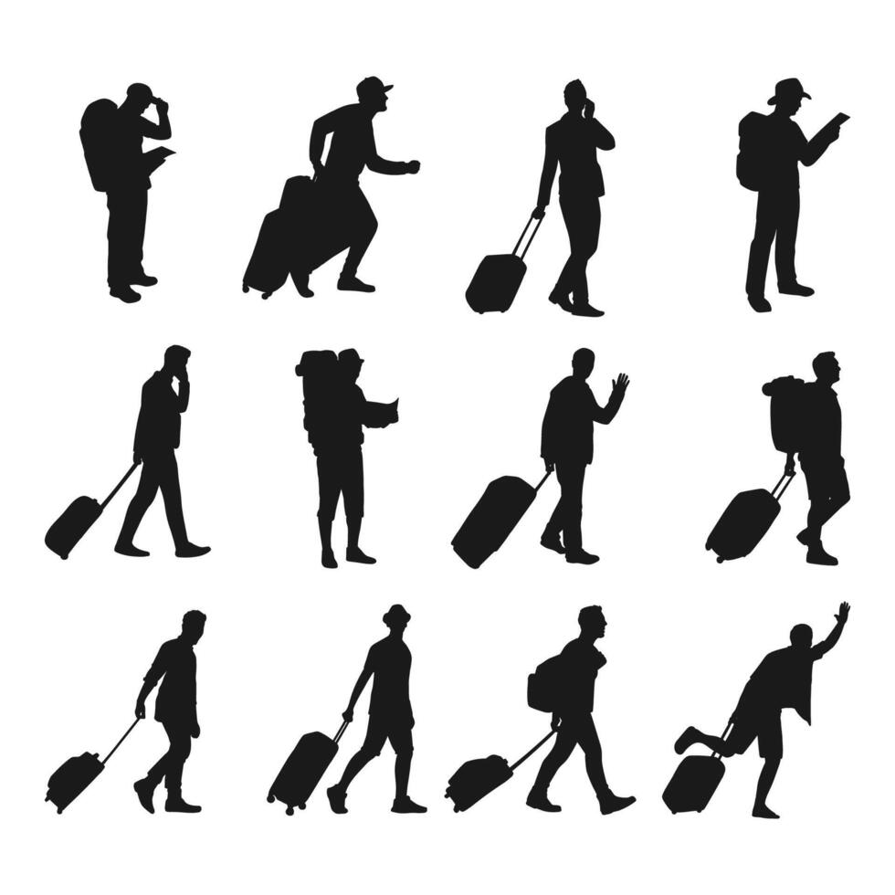 silhouette a man traveling with a bag on white background vector