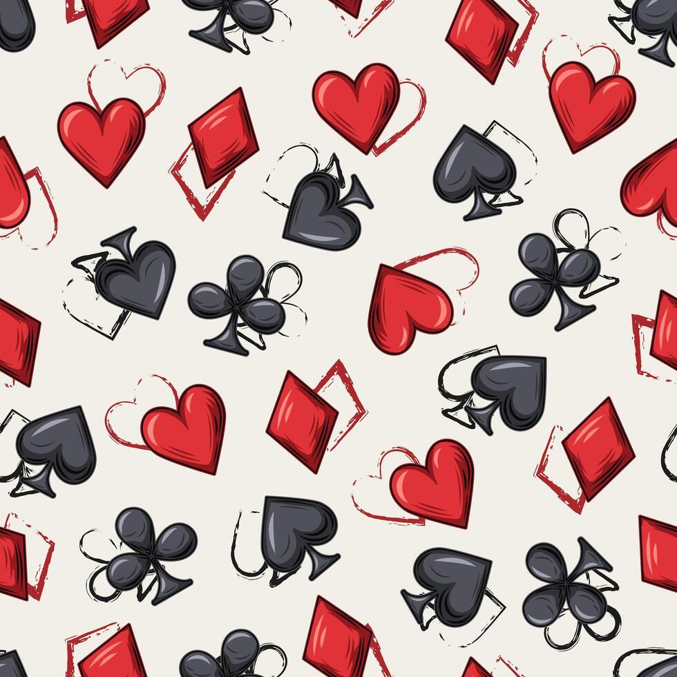 Seamless pattern with randomly scattered card suits icons on white background. Outline and classic symbols of hearts, clubs, spades, diamonds. Gambling, casino theme. vector