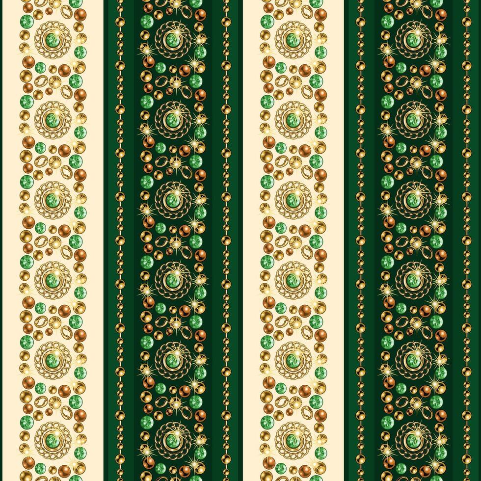 Seamless striped pattern with precious jewelry elements, gold, bronze beads, chains, green gems. Ornate mosaic style. Good for clothing, apparel, fabric, textile, surface design. vector