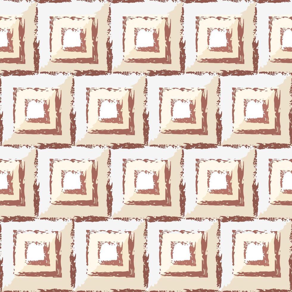 Seamless geometric pattern with pseudo volume pyramids. Top view. Grunge style. Classic square grid with textured lines, contour. vector