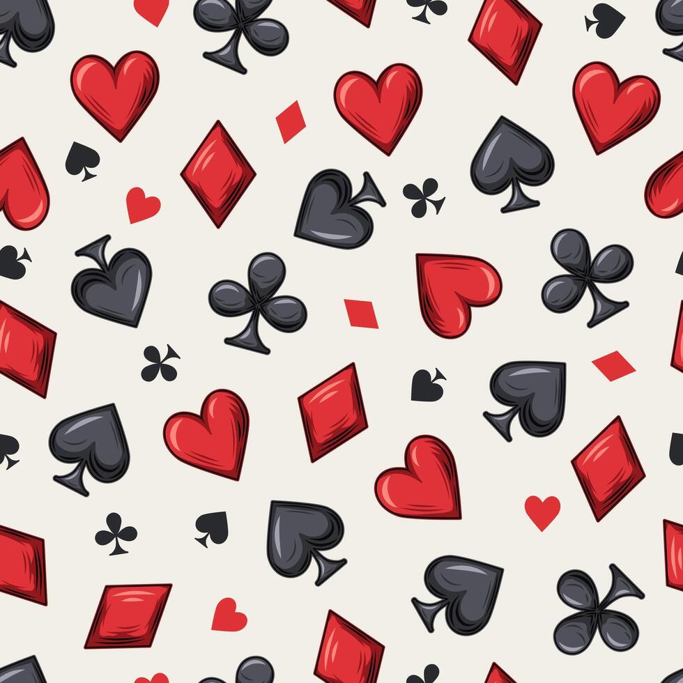 Seamless pattern with randomly scattered card suits icons on white background. Small and big symbols of hearts, clubs, spades, diamonds. Gambling, casino theme vector