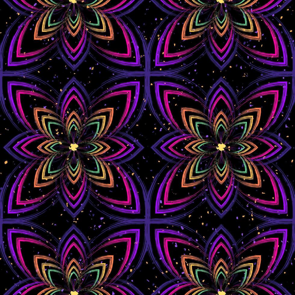 Seamless pattern with abstract simple 8 petal flower. Outline contour geometric shapes in grunge psychedelic style. Bright paint strokes on dark background. Neon colors. vector