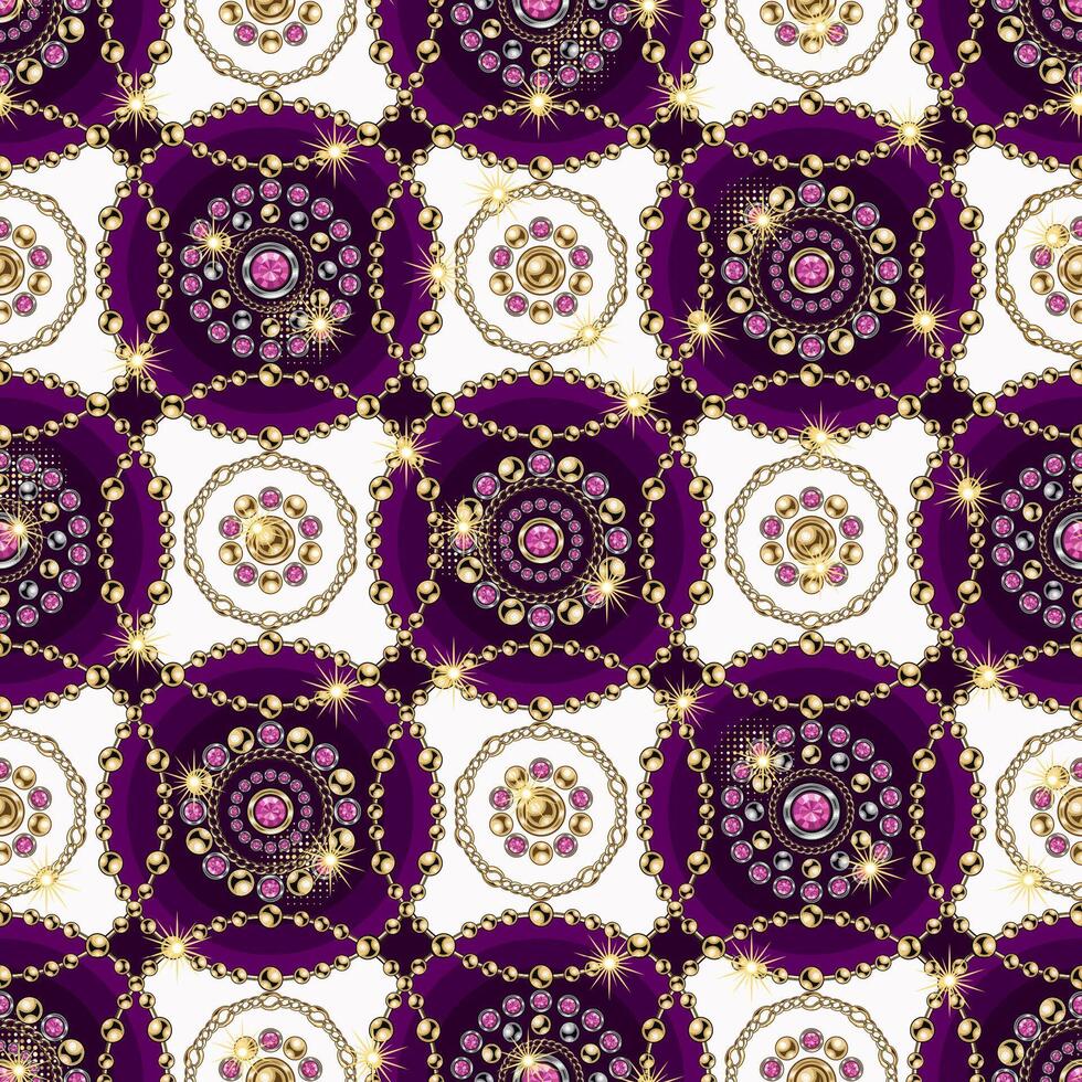 Seamless geometric pattern with round jewelry ornaments in staggered manner. Silver, gold elements with pink gems. Vintage style. Good for clothing, apparel, fabric, textile, surface design. vector
