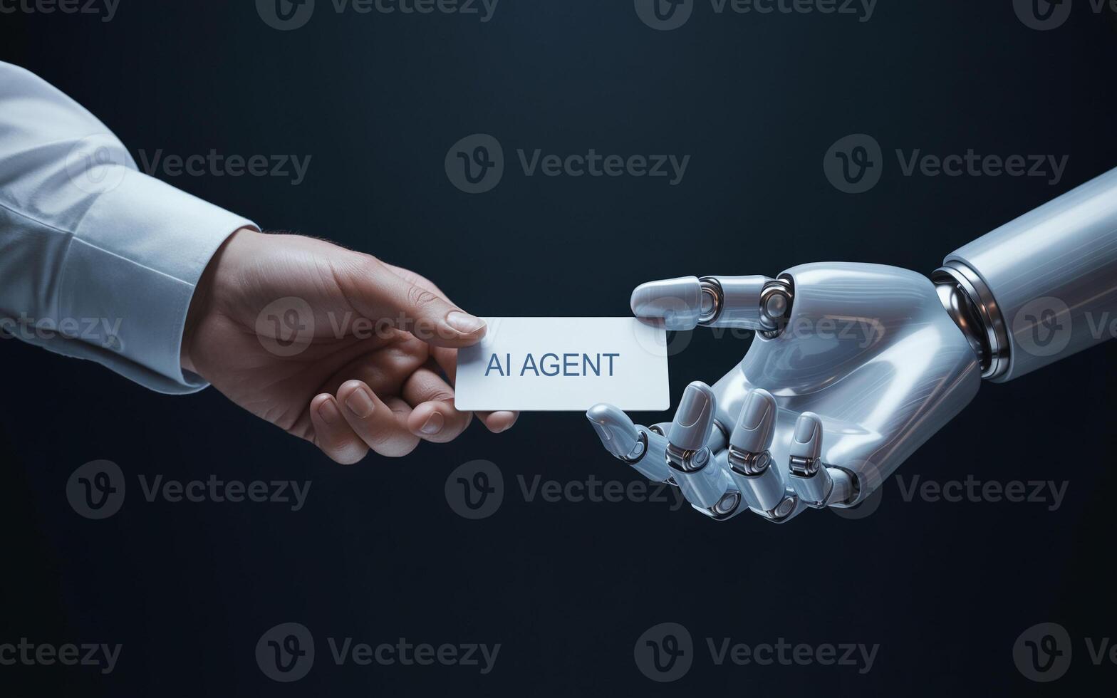 A robot hand holding a business card with the word agent photo