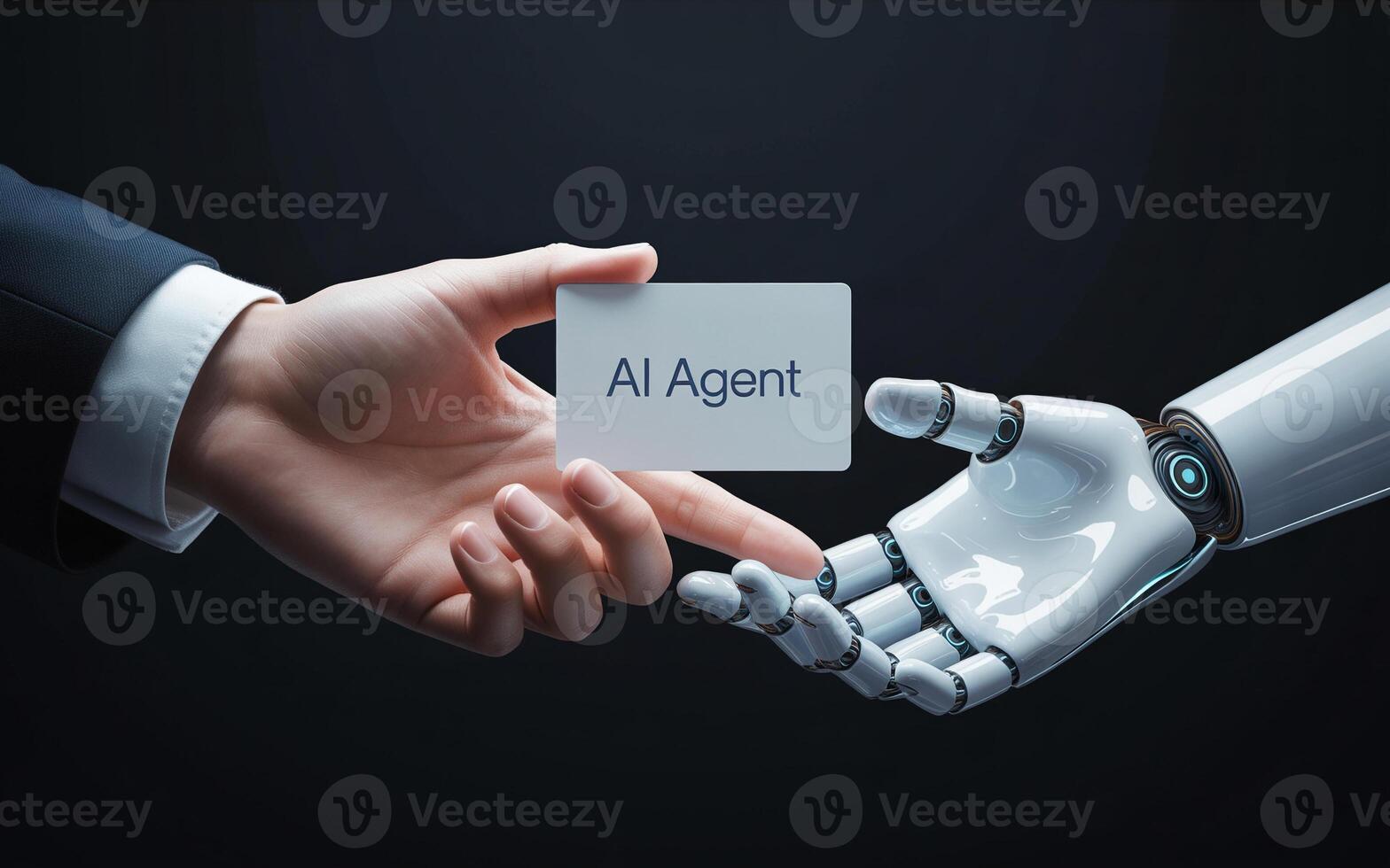 Ai agent - ai robot hand holding a business card with the word ai agent photo