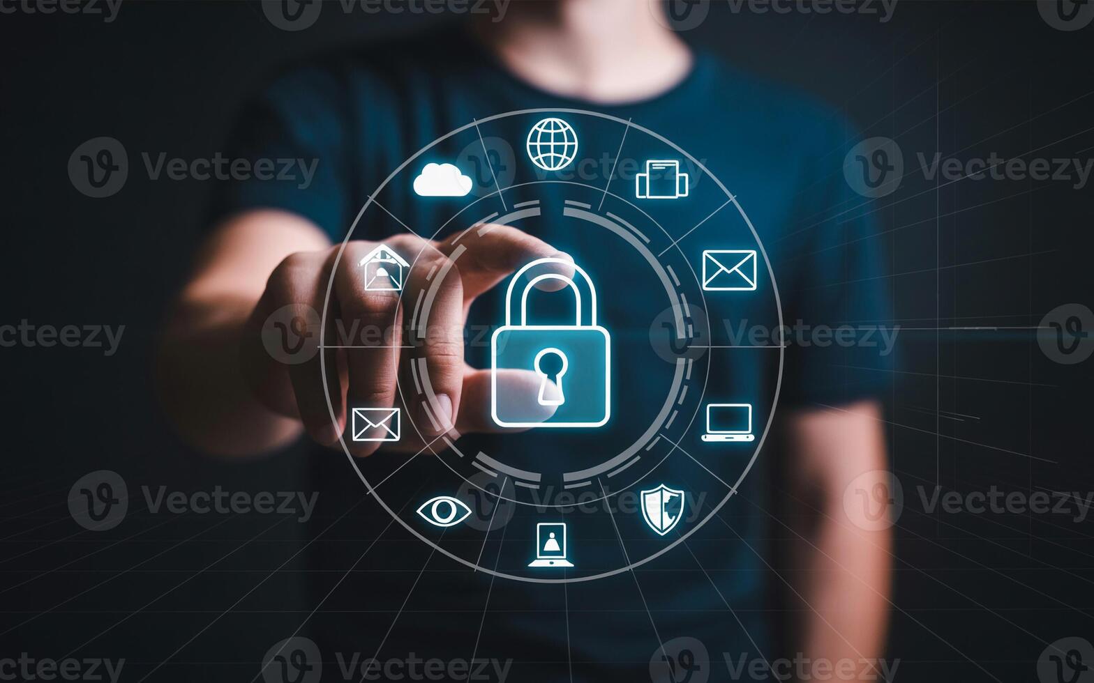 A man pressing a padlock icon on a digital screen photo