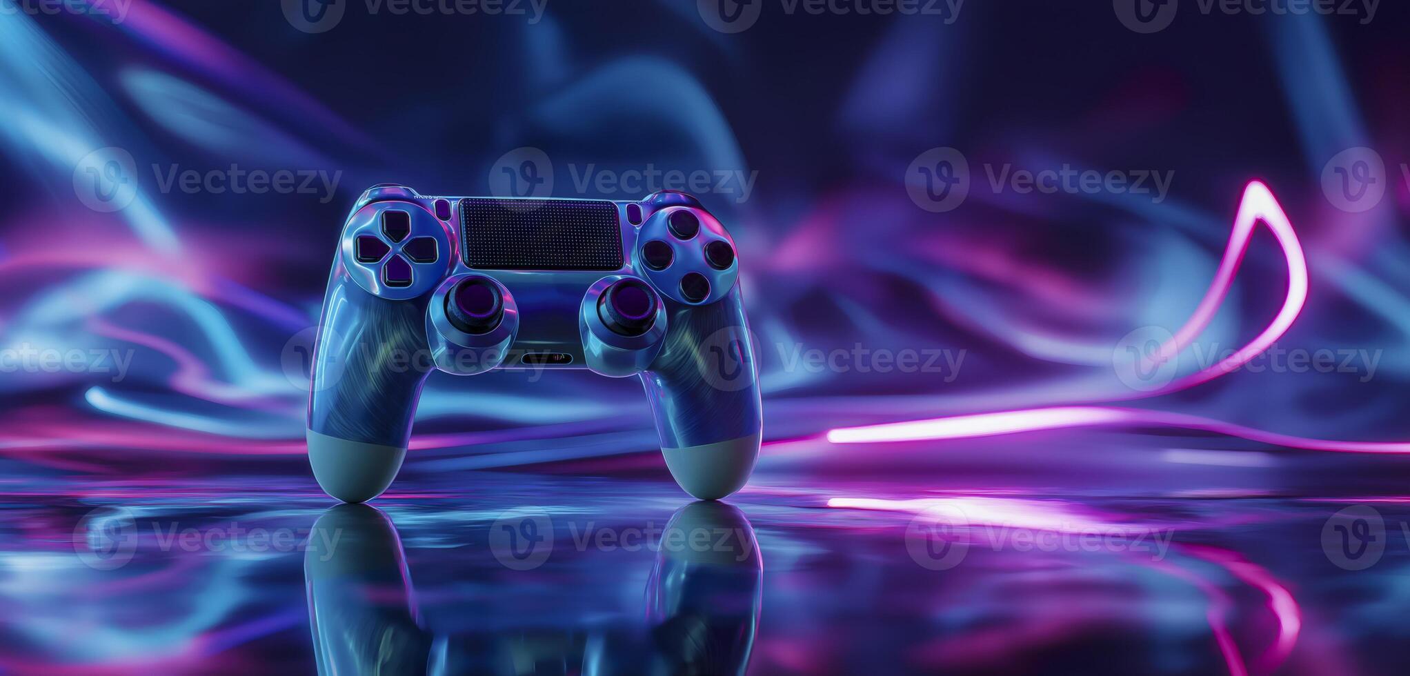 Panoramic view of Gaming controller against neon colorful background. Videogames header with empty space for promo or social media post. Empty space for text. photo
