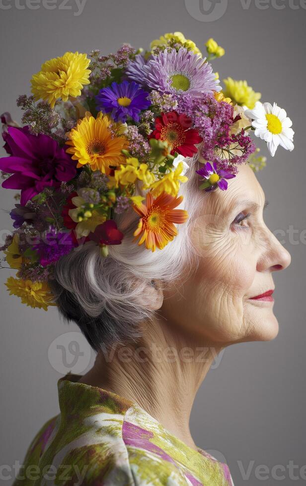 Portrait of senior woman with colorful flowers on her head. The alzheimer dementia illness disease concept. Amnesia, memory loss and confusion. Beauty ageing. Vertical view. photo