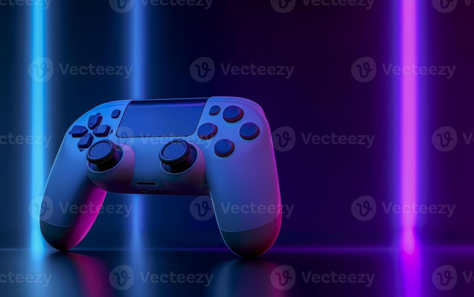 Gaming controller against neon colorful background. Videogames header with empty space for promo or social media post. Empty space for text. photo