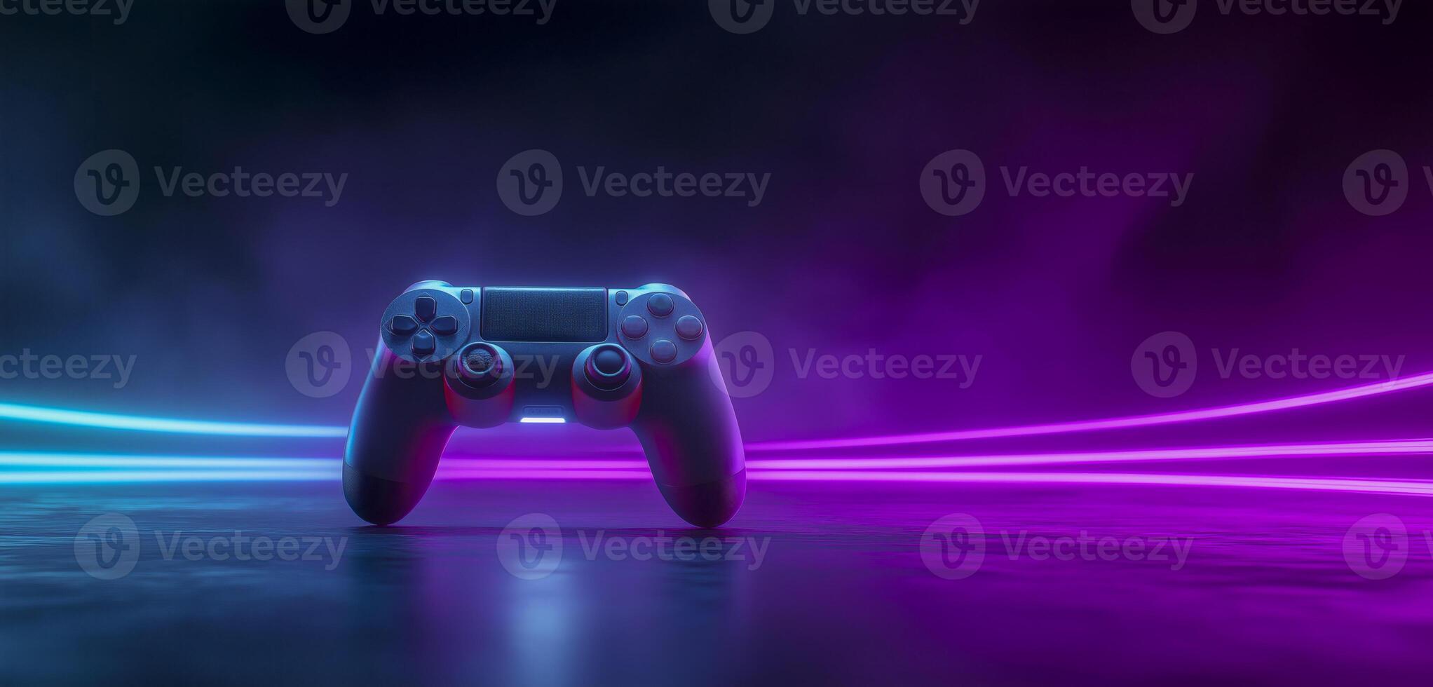 Panoramic banner of Gaming controller against neon colorful background. Videogames header with empty space for promo or social media post. photo