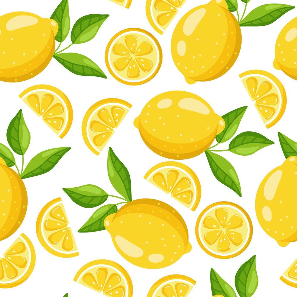 Seamless pattern with bright lemons and leaves on a white background . vector