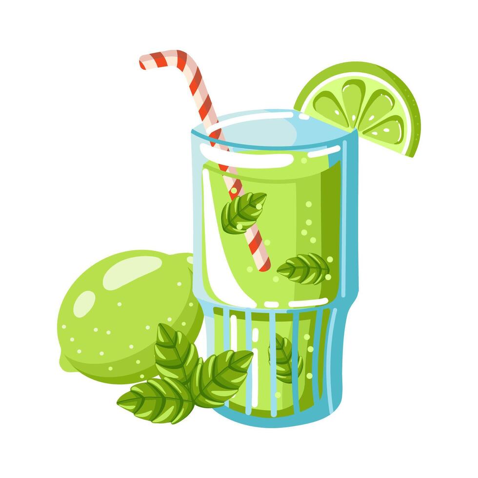 Isolated illustration of citrus cocktail with lime and mint leaves in flat style vector