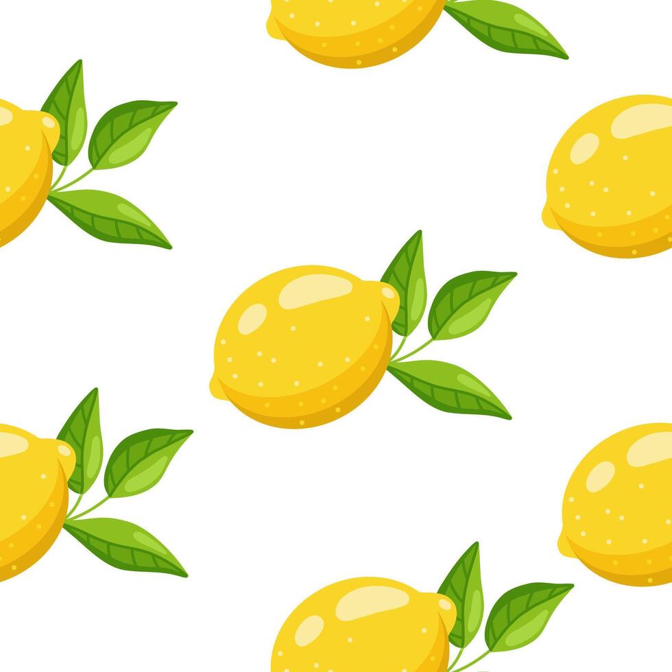 Simple seamless pattern featuring bright yellow lemons and green leaves on white background in a flat style. vector