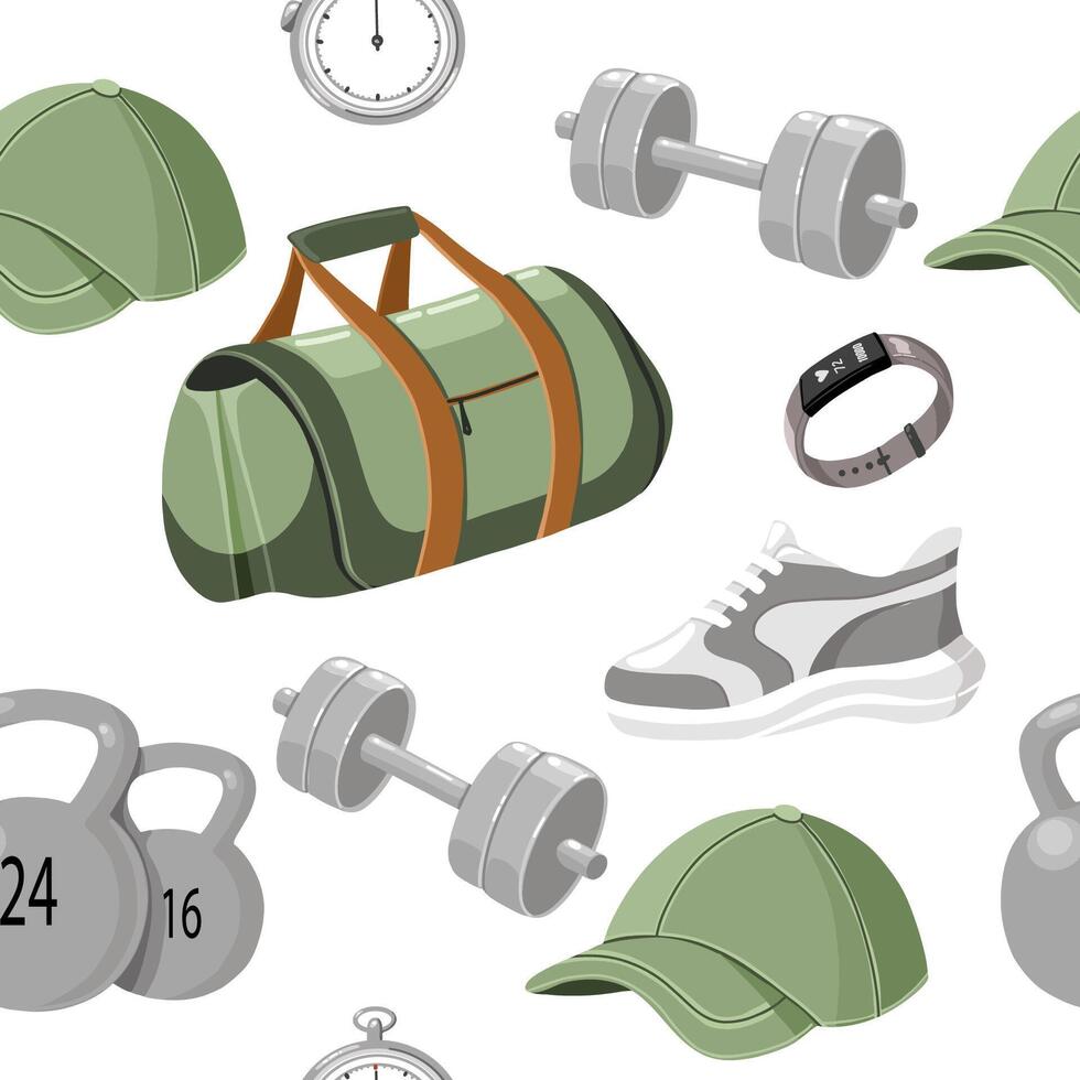 Flat seamless pattern featuring fitness equipment, sports bag, sneakers, baseball cap, dumbbells, and kettlebells. Simple workout themed design on a white background vector