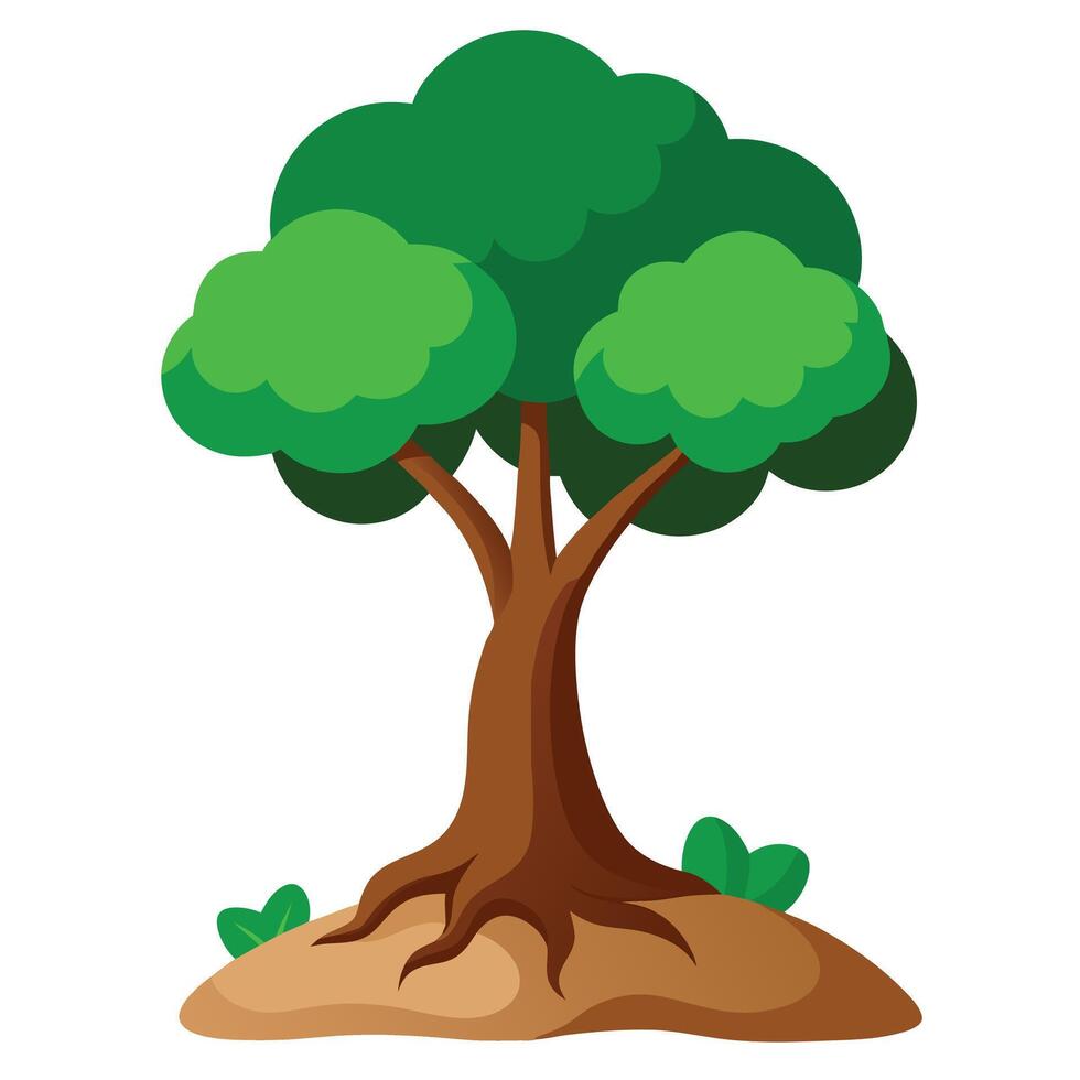 A cartoon oak tree with green leaves and brown trunk stands peacefully alone vector