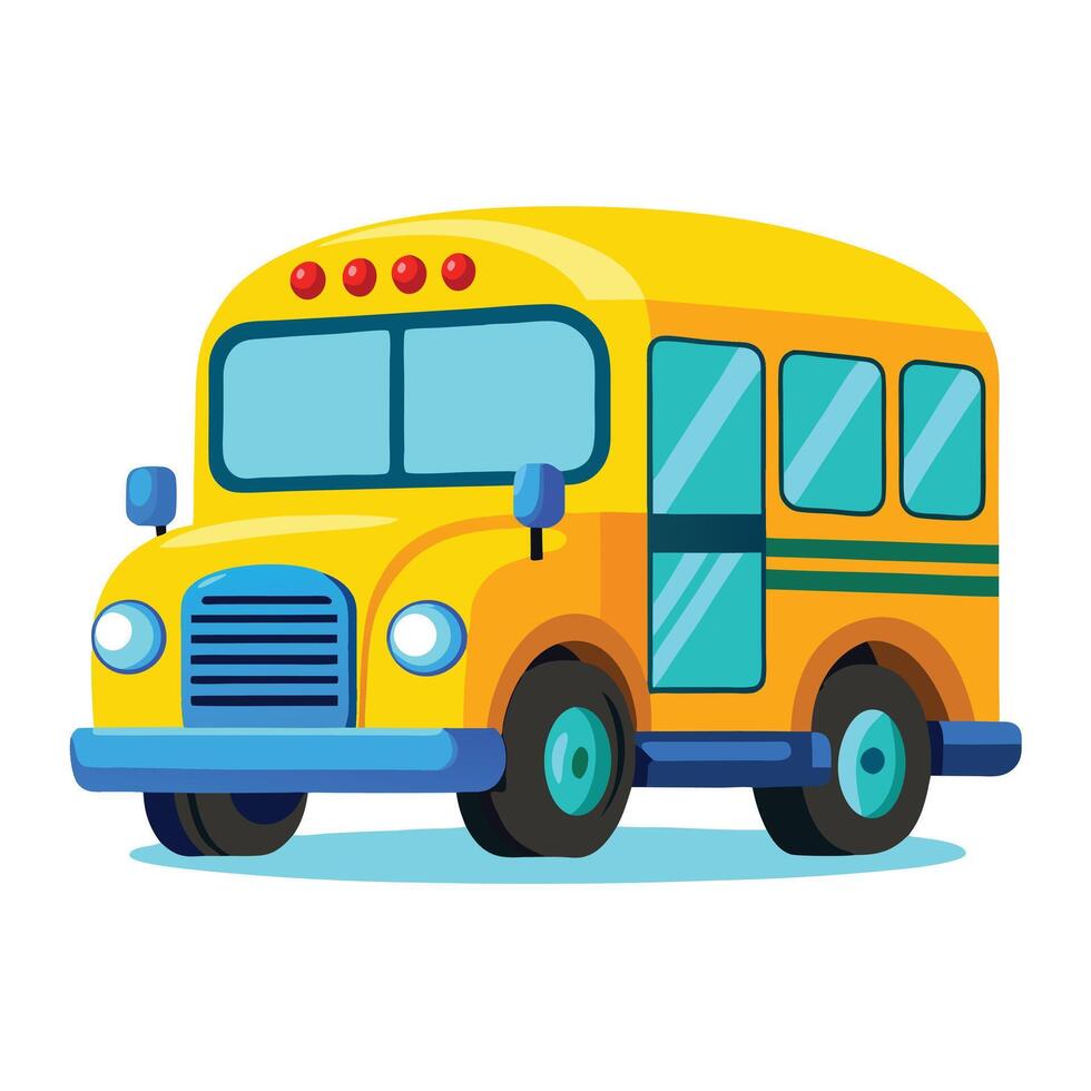 A charming yellow cartoon school bus with large, vibrant windows on a bright white background vector