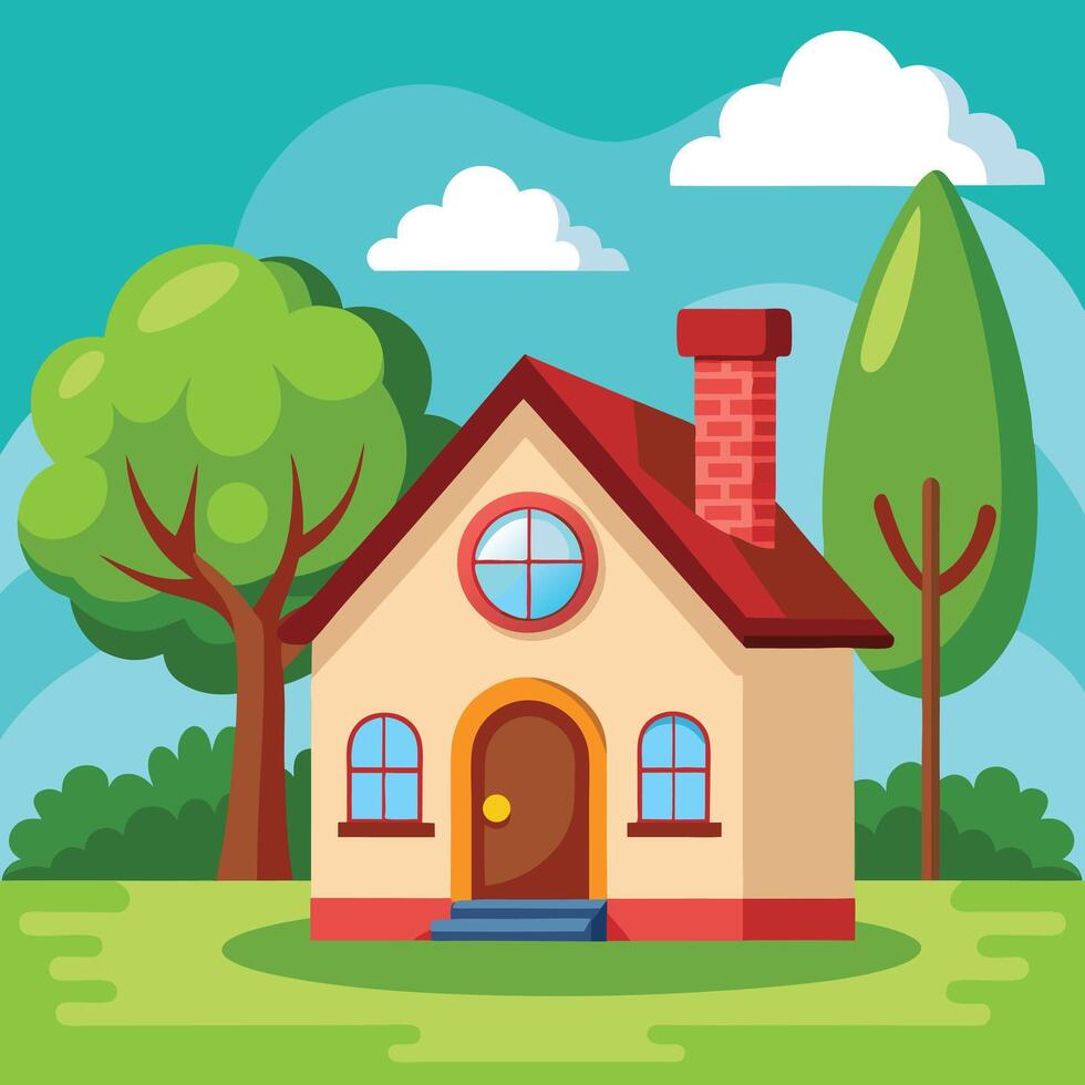 Cartoon style house stands nestled among vibrant green trees under the bright blue sky vector