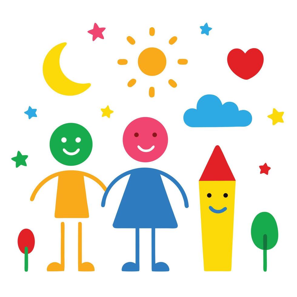 Playful Children Holding Hands with Cartoon Elements and a Smiling Crayon Illustration vector
