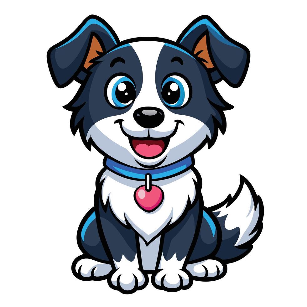 Cartoon Border Collie puppy sits smiling, wearing blue collar with heart shaped tag vector