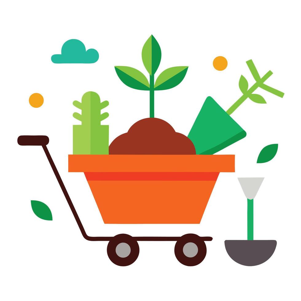 Cart carrying fresh plants and gardening tools is shown against a white backdrop vector