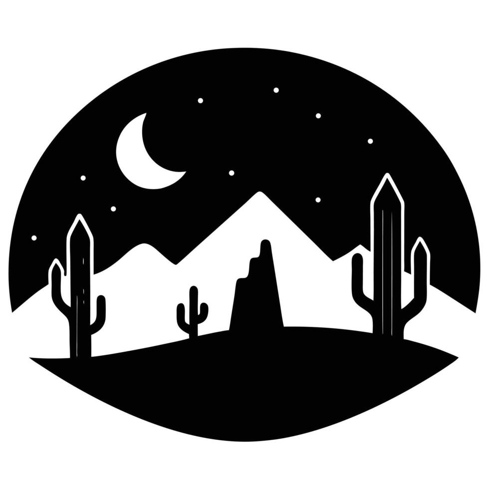 Black and White Desert Night with Cacti, Mountains, and Crescent Moon vector