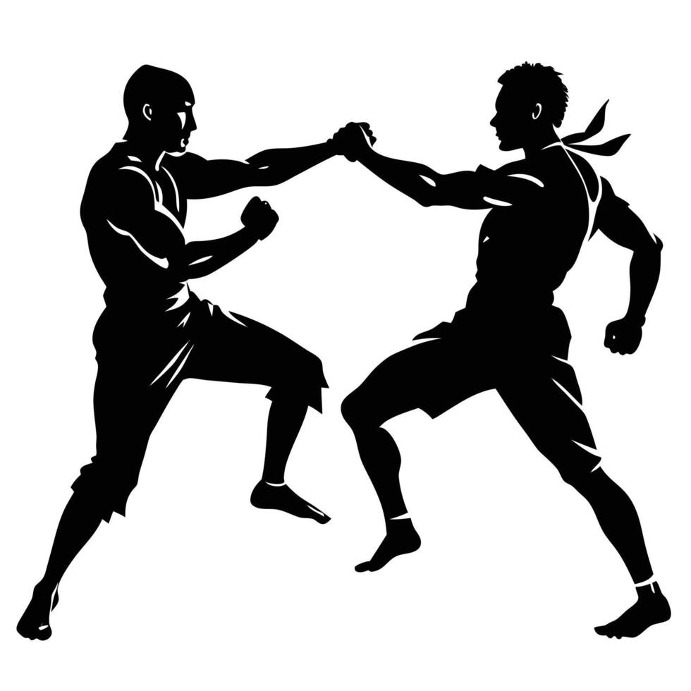 Black Silhouette of Two Fighters Gripping Hands During Martial Arts Sparring Match vector