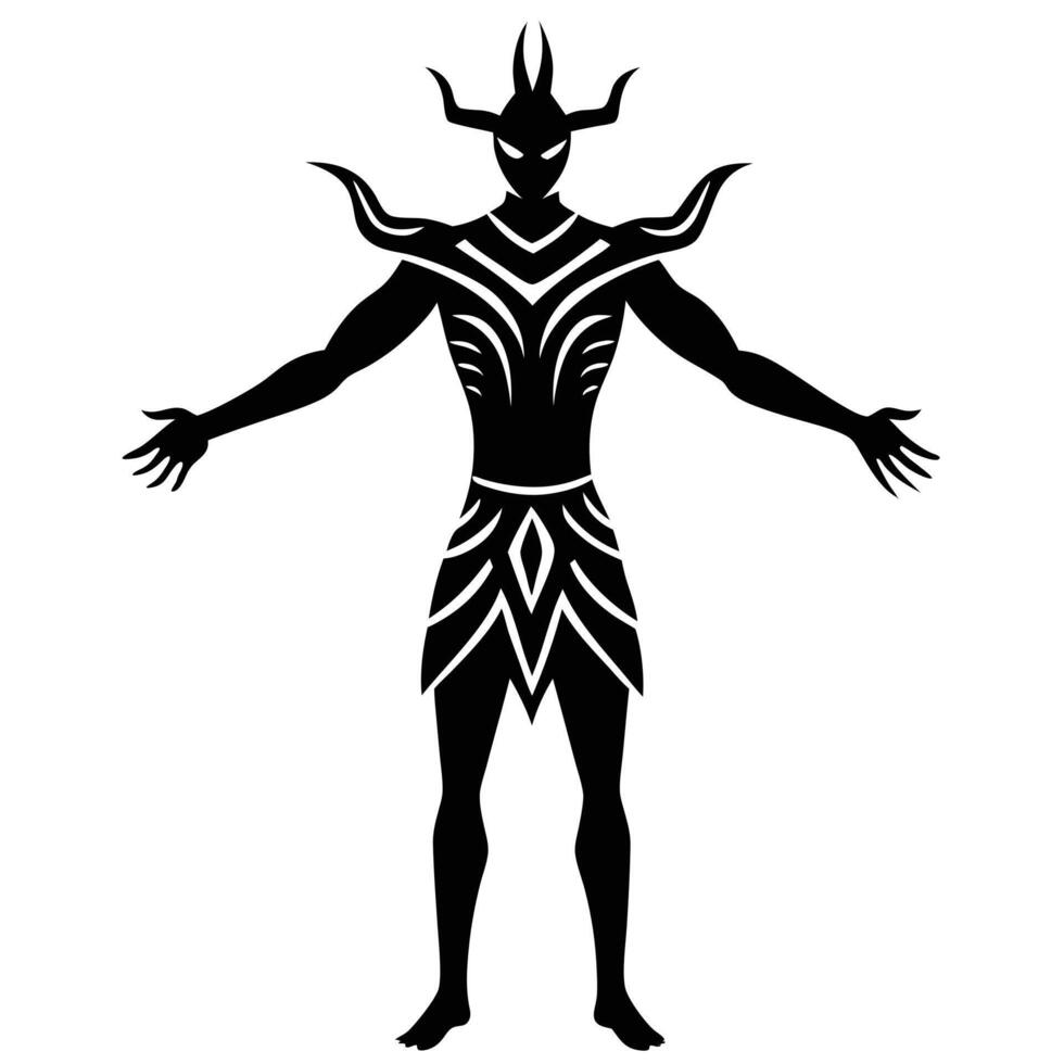 Silhouette of a horned figure with arms outstretched stands in an ornate warrior outfit vector