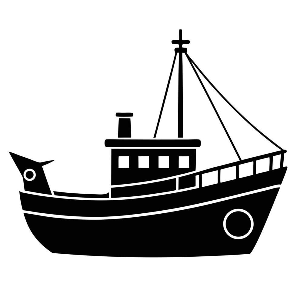 Illustrated Silhouette of a Fishing Boat with Mast, Rails, and Cabin Windows vector