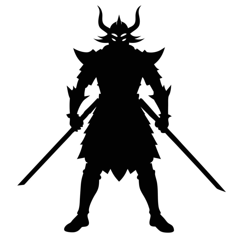 Dark Warrior Silhouette Horned Helmet, Armor and Twin Swords Against White Backdrop vector
