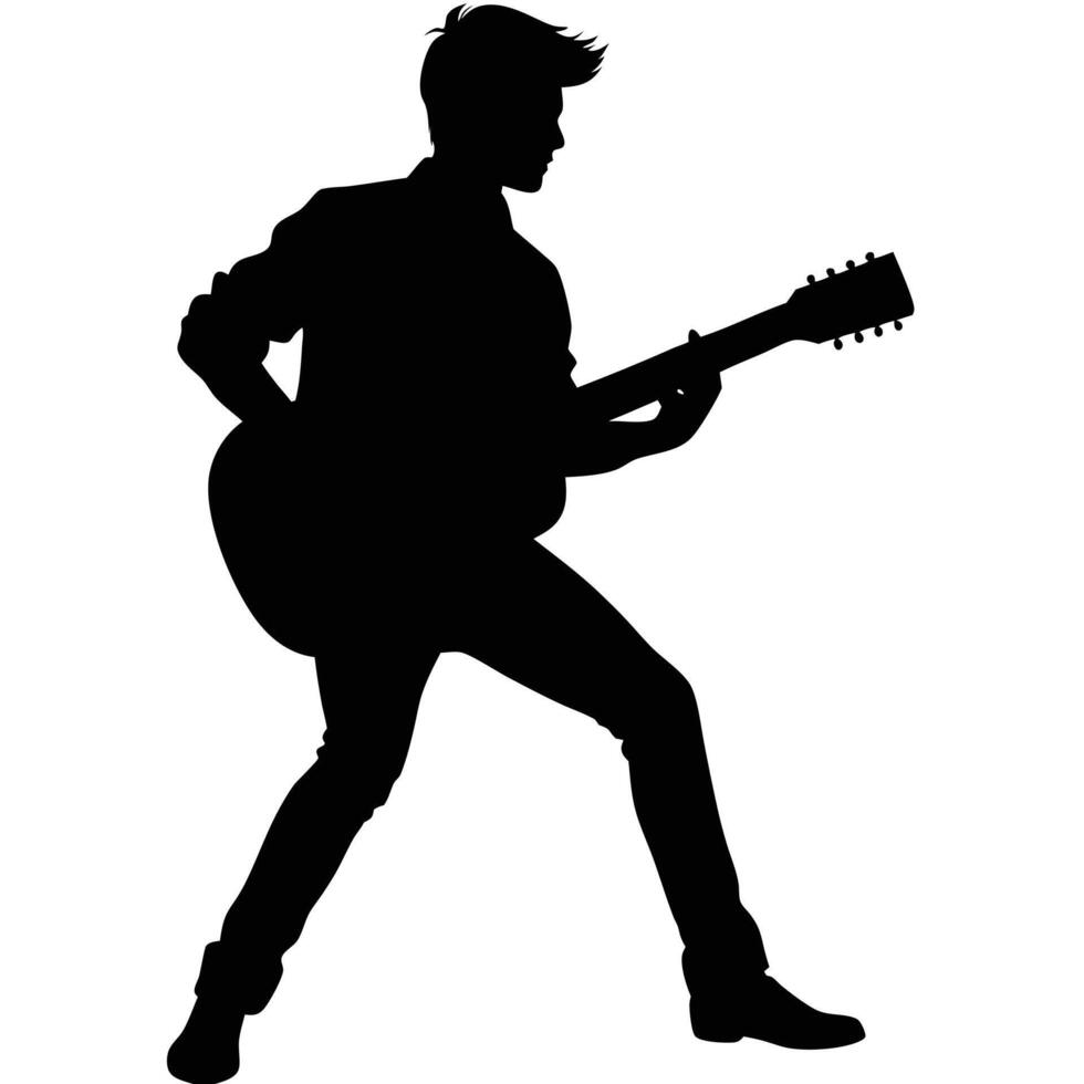 Silhouette of a Stylish Musician Playing Guitar with Passion on White Background vector