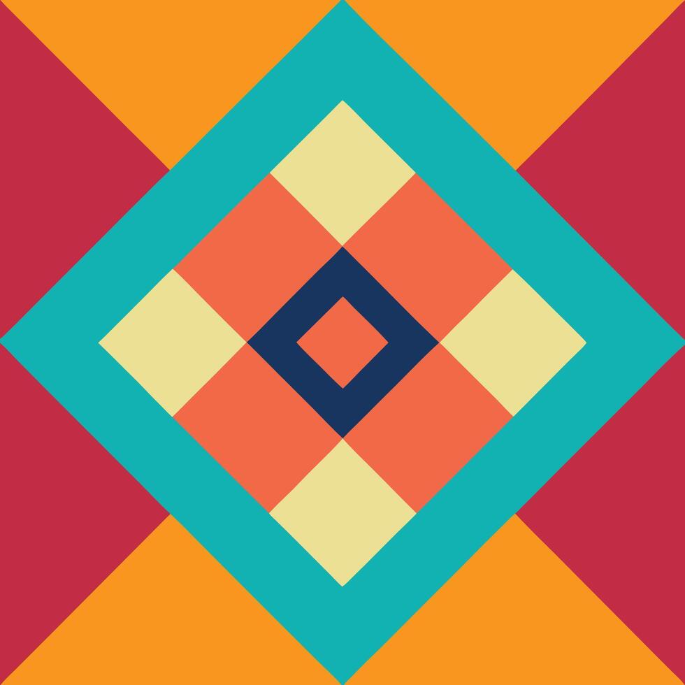 Geometric pattern features vibrant squares, diamonds, and triangular shapes creating an appealing symmetrical display vector