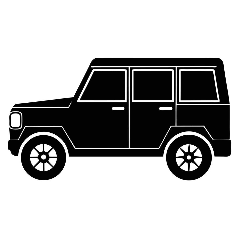 Black and White Silhouette Illustration of a FourDoor OffRoad Vehicle with Visible Wheels vector