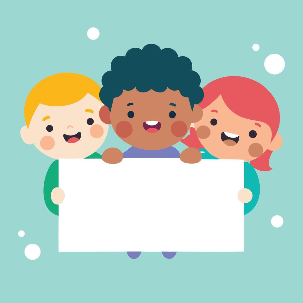 Cheerful children of diverse ethnicities happily hold blank sign for your message, smiling widely vector