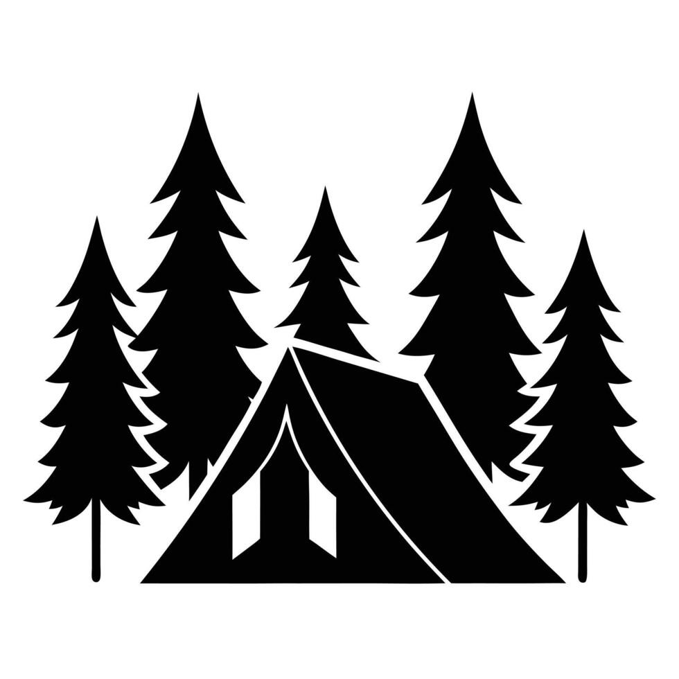 Black and White Camping Featuring Tent Surrounded by Pine Trees vector