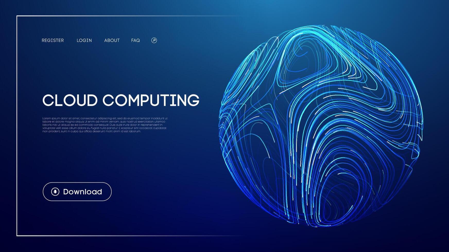 Cloud computing technology with abstract glowing sphere, futuristic blue background, digital data storage, network infrastructure, and modern UI design for innovation and online connectivity vector