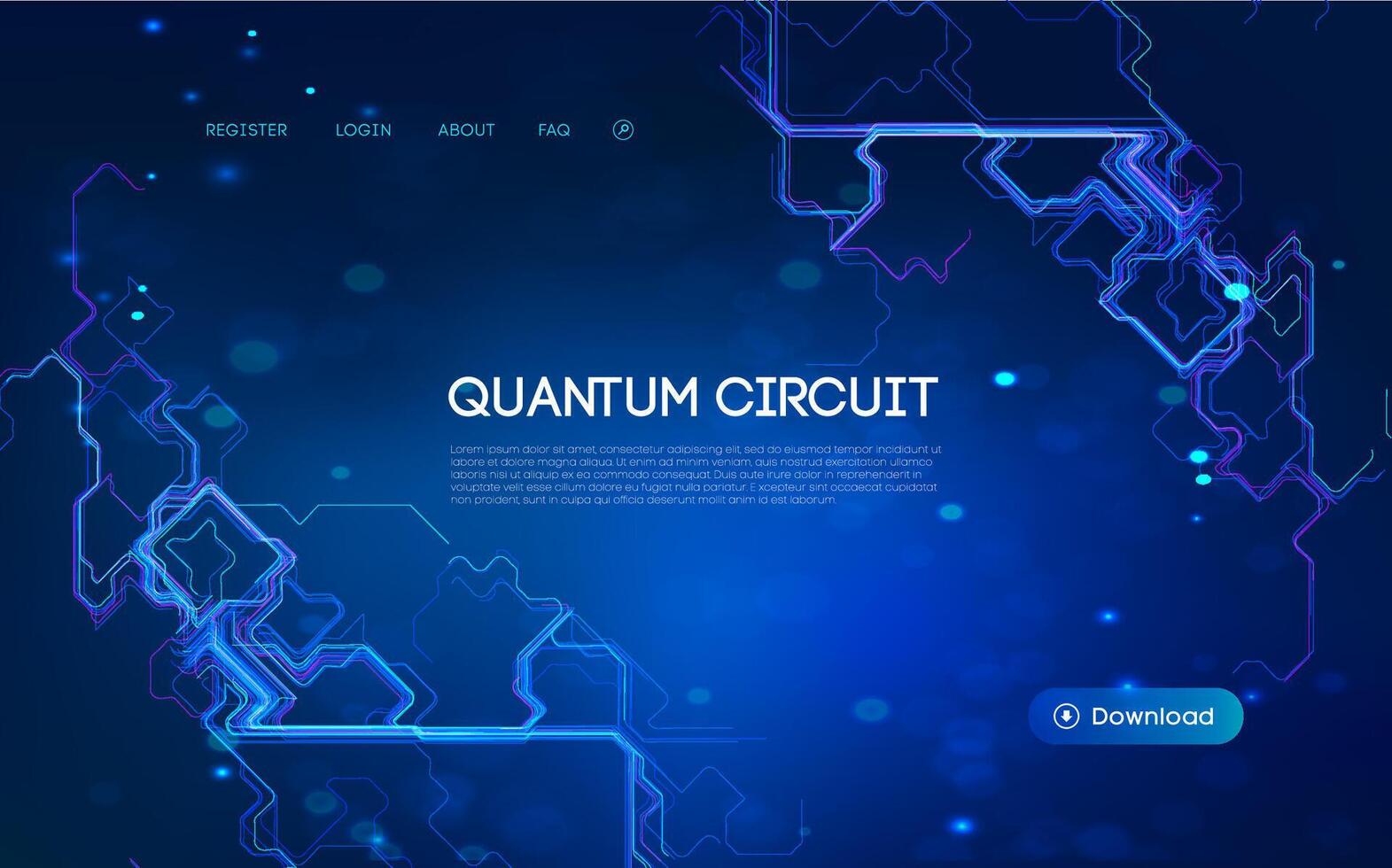 Quantum circuit concept with glowing blue neon lines on dark background, futuristic digital network, artificial intelligence, cyber technology, and abstract high tech data flow vector