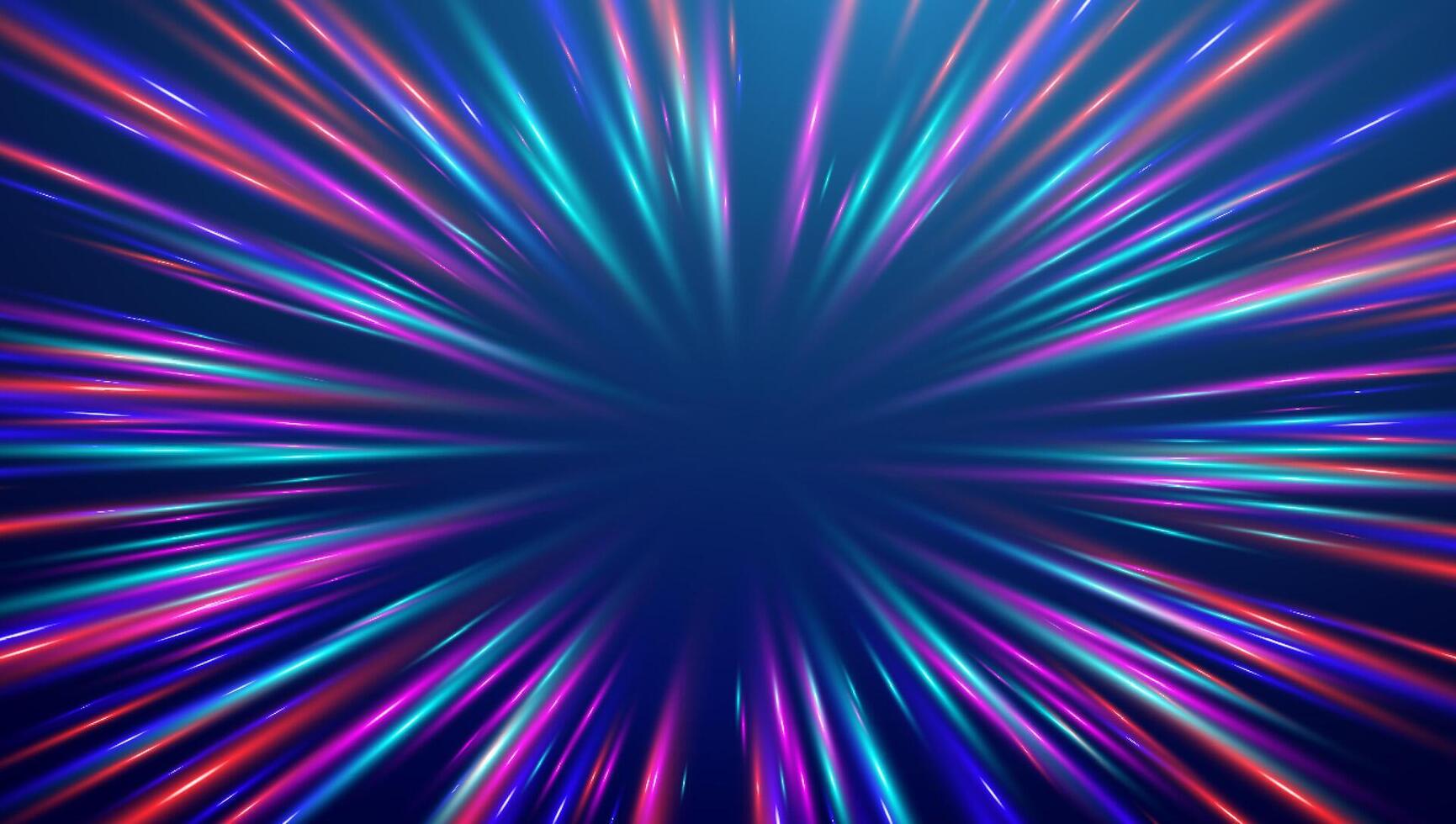 Space warp speed line abstract background. Light blue neon radial burst comic effect. Ai streak ray hyperspace data tunnel, action 3d bg, anime flash zoom effect. vector