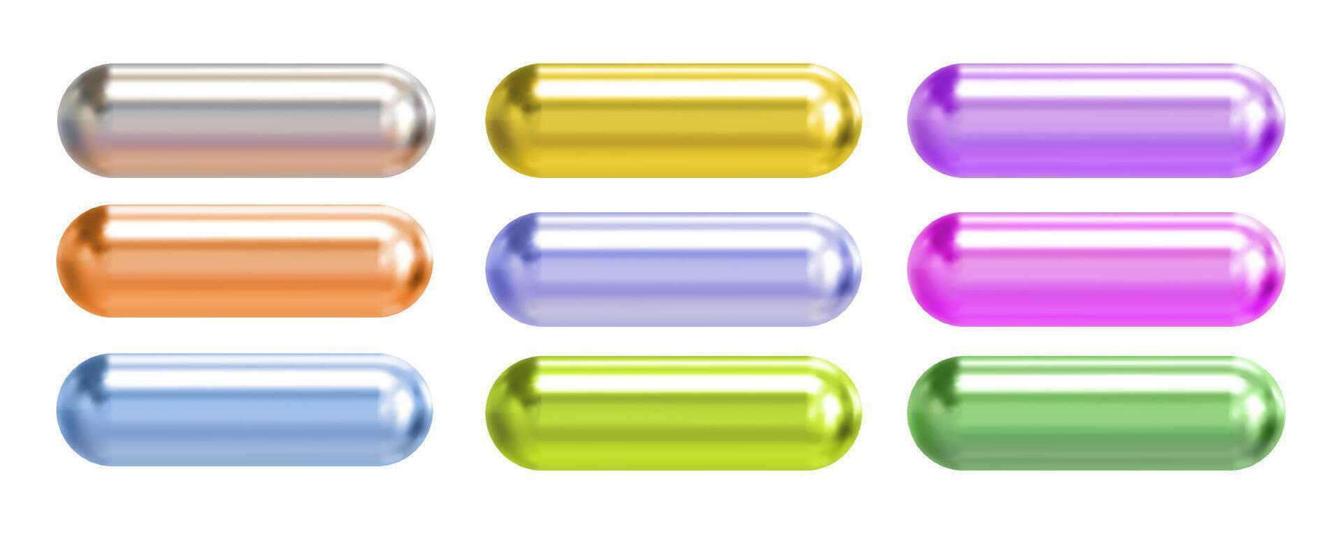 Glossy colorful 3D capsule buttons set in metallic chrome style on white background, includes silver, gold, purple, orange, blue, green, and pink pill shapes vector