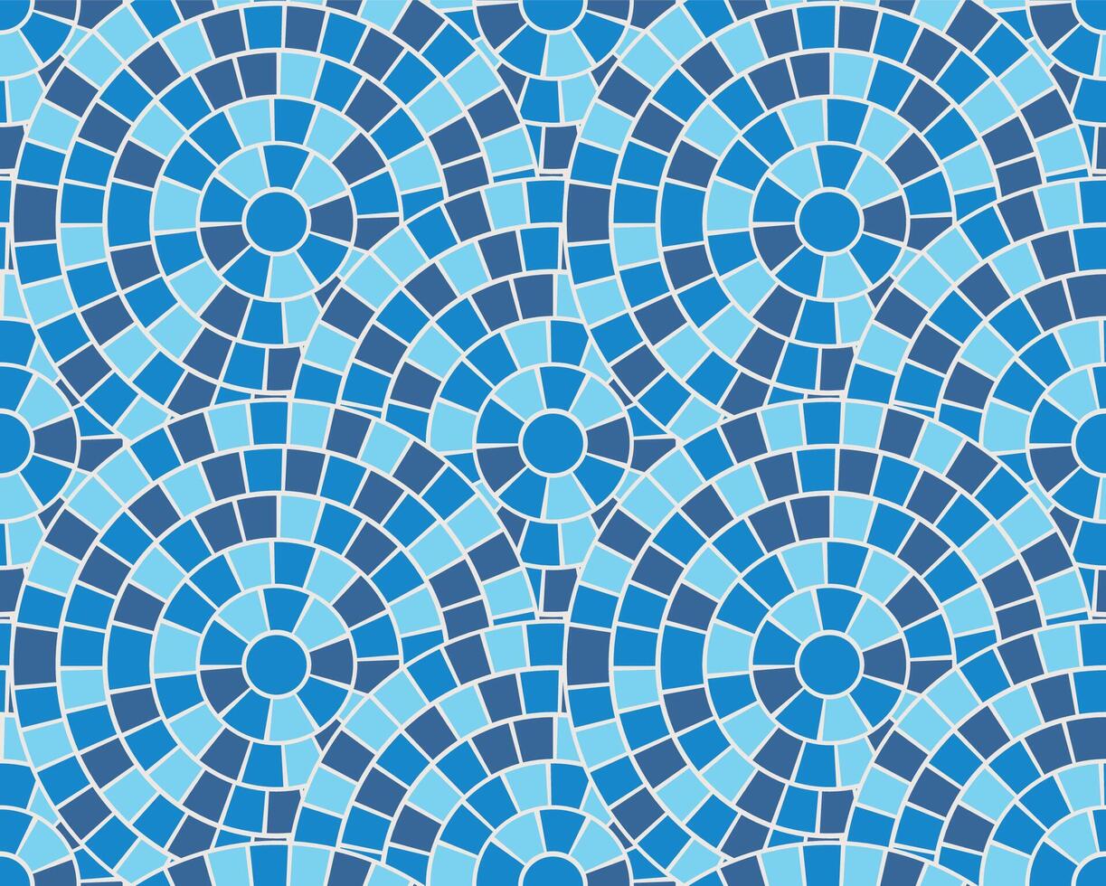 Greek Mosaic Pattern. Sea blue tile background. Rome ocean ornament circle motif. Ceramic marble floor abstract. Wave radial pattern illustration. vector