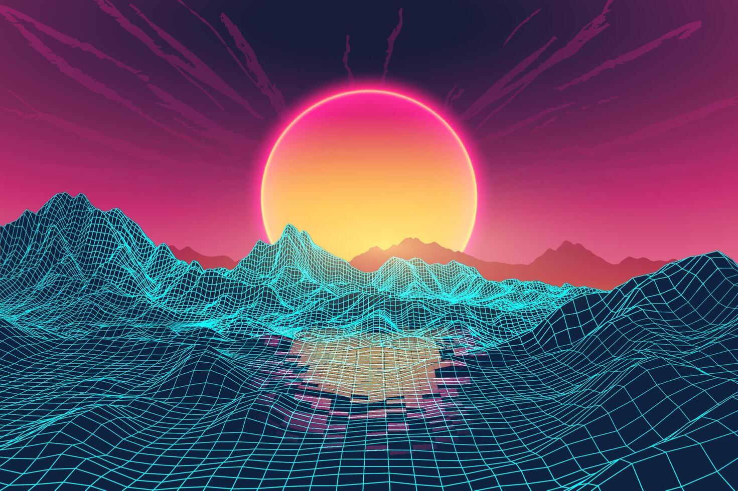 Retro futuristic 80s style digital landscape with glowing neon grid mountains and a vibrant sunset in a cyberpunk aesthetic. Synthwave vaporwave artwork with a surreal, nostalgic vector