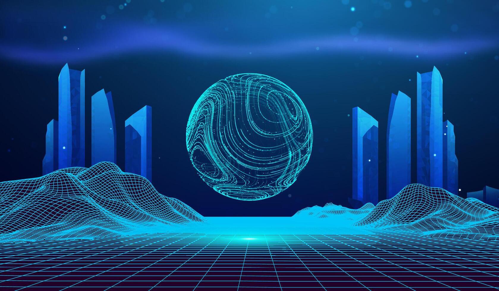 City building smart background technology future line abstract data business. Lights Skyline Network Concept Blue Office 3D Architecture. Industry Innovation Landscape Futuristic Neon Cyber. vector