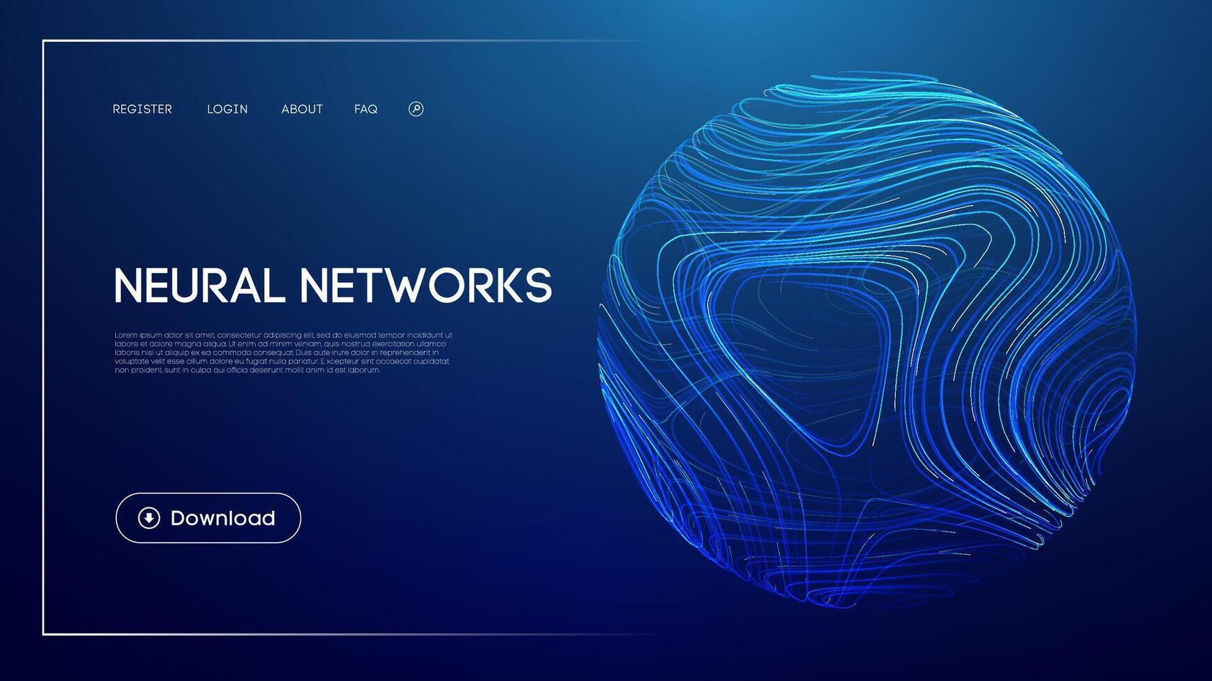 Neural networks technology with abstract glowing sphere, futuristic blue background, deep learning systems, artificial intelligence computing, and modern UI design for innovation and data processing vector